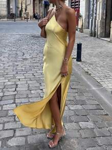INAWLY 女士优雅性感不对称领口露背高开衩黄色连衣裙 - 黃色 - 查看 2
