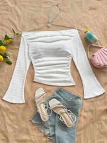 Soleia Women's Light Blue Textured Knit Fabric Ruched Off-Shoulder Flare Sleeve Fitted Casual Top For Vacation, Brunch, Boho White Off Shoulder Top White Off The Shoulder Crop Top White Summer Top White Textured Top White Long Sleeve Off Shoulder Top - White - View 3