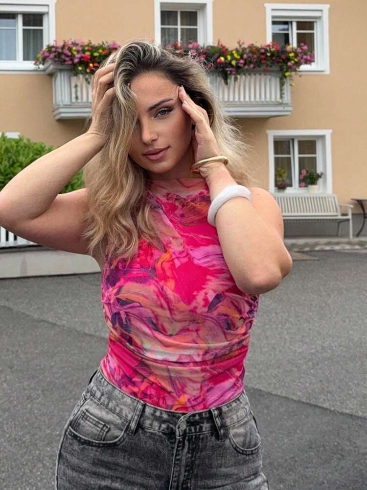 Jeta Ari Women's Purple-Pink Marble Pattern Ruched Asymmetric Tie-Dye Printed Bodysuit - Orange - View 1