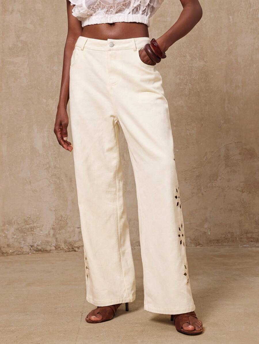 Lumalex VITNOS Fall Holiday Premium Luxury BOHO Old Money Women's Hollow Out Design Pocket Wide Leg Loose Casual Pants
