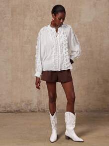 Lumalex VITNOS 2025 Autumn/Winter New Luxury Bohemian Vintage Casual Fashion White Lace Patchwork Long Sleeve Blouse, Suitable For Easter, Music Festivals, Halloween, Back To School, Daily Outings, Parties