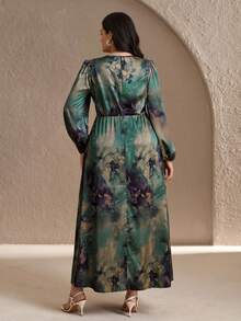 SHEIN CURVE+ 大码女士优雅浪漫扎染圆领灯笼袖A字长裙，缎面印花连衣裙，婚礼宾客礼服，优雅女装，复古女装，正式礼服，缎面连衣裙，新娘母亲礼服，2025/2026/新年新款 - 彩色 - 查看 2