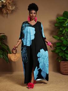 SHEIN CURVE+ 大码女装春夏休闲优雅波西米亚风黑色编织V领直筒连衣裙卡夫坦连衣裙大码连衣裙复活节连衣裙女士春季套装，曲线加大码，波西米亚度假夏季/乡村/海滩度假装/沙滩装/沙滩装，女士夏季连衣裙，休闲连衣裙 - 彩色 - 查看 6