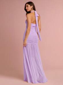 Enchnt Vestido halter sexy de unicolor con pliegues y abertura en el bajo