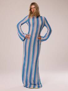 MUSERA Textured Stripe Knit Flared Maxi Dress Spring Summer Vacation Boho Ibiza Elegant Beach Cute The Beach House Festival , , Fall, Winter Summer Outfit - Blue - View 5