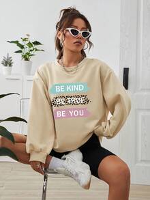 SHEIN LUNE Của phụ nữ Lỏng lẻo phù hợp Áo nỉ Với In thư - Màu Khaki - Xem 3