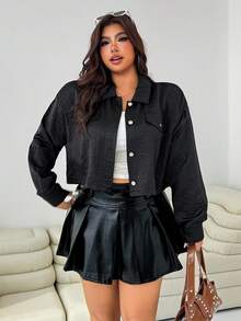 SHEIN EZwear Jaqueta Cropped Casual de Cor Sólida para Mulheres Plus Size - Preto - Visão 4
