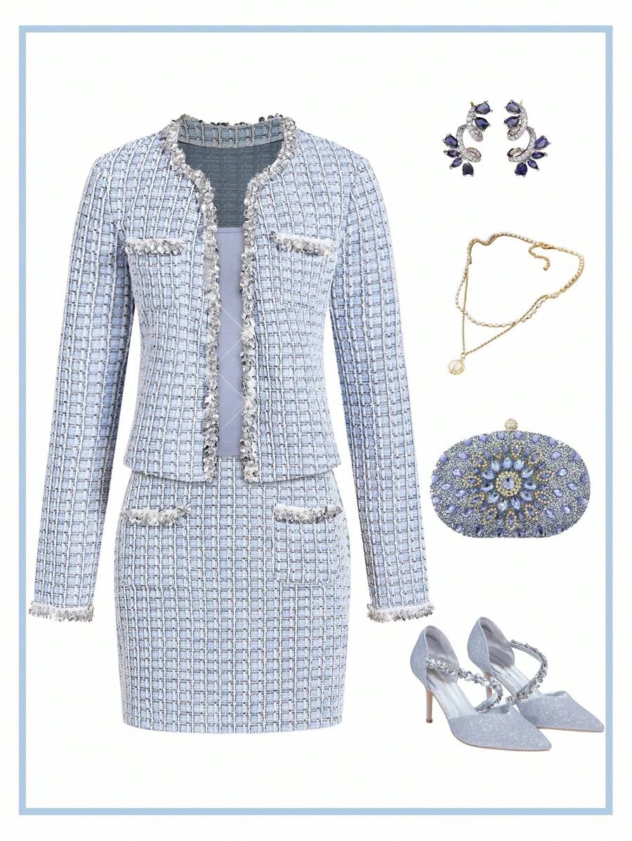 Ellevyn 女士优雅长袖夹克和口袋裙套装，串珠装饰，高工艺设计，百搭装秋季女装外出装婚礼宾客礼服生日装 - 藍色 - 查看 1