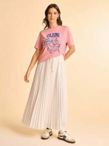 CAJUNI 女式粉色鹦鹉字母印花休闲宽松T恤，夏季基本款上衣/秋季服装 - 棕色 - 查看 7