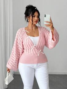 Elenzga 大码女式V领蝙蝠袖收腰针织毛衣，法式复古蝴蝶结设计休闲套头衫，秋冬款 - 粉色 - 查看 2