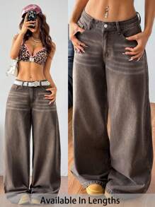SHEIN PETITE CURVE Plus Size Summer Fall Clothes Autumn Clothes Back To School Homecoming Cute 2000s Style Kawaii Y2k Airport For Women Modest Old Money Tulum Grunge Korean Style Washed Wide Leg Brown Jeans Baggy Jeans Wide Leg Pants Woman,Fall Clothes For Women