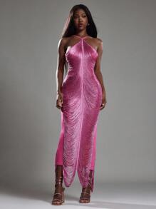 NYA SZN Dress Pink Metallic Ruched Halter Maxi Dress With Open Back & Slit For Night Out, Wedding Guest, Birthday, Holiday Party & Formal Events