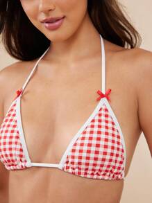 WESTFADE Gingham Bow Trim Adjustable Triangle Bikini Top Summer 4th Of July Beach Vacation - Red - View 5