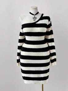 Sunspun New Comfortable Asymmetrical Neck Striped Long Sleeve Sweater Dress Fall Winter Cloth For Women Autumn