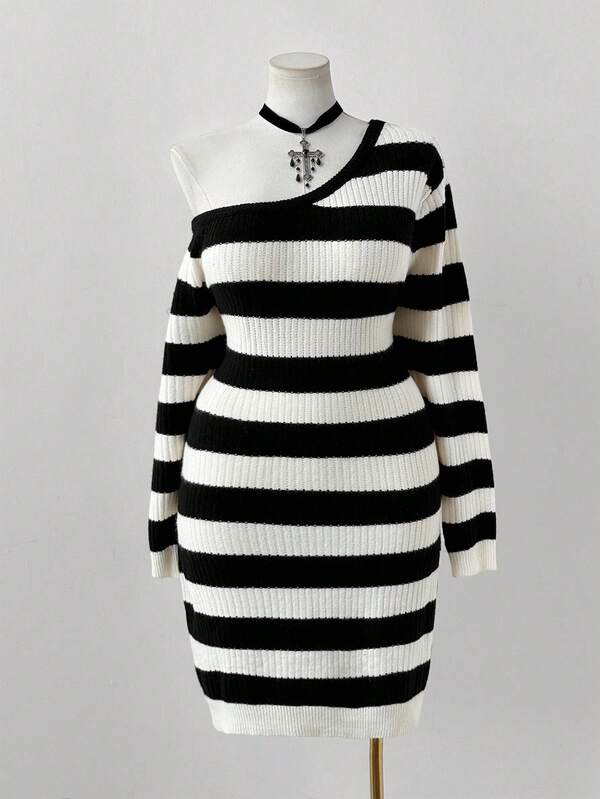 Sunspun New Comfortable Asymmetrical Neck Striped Long Sleeve Sweater Dress