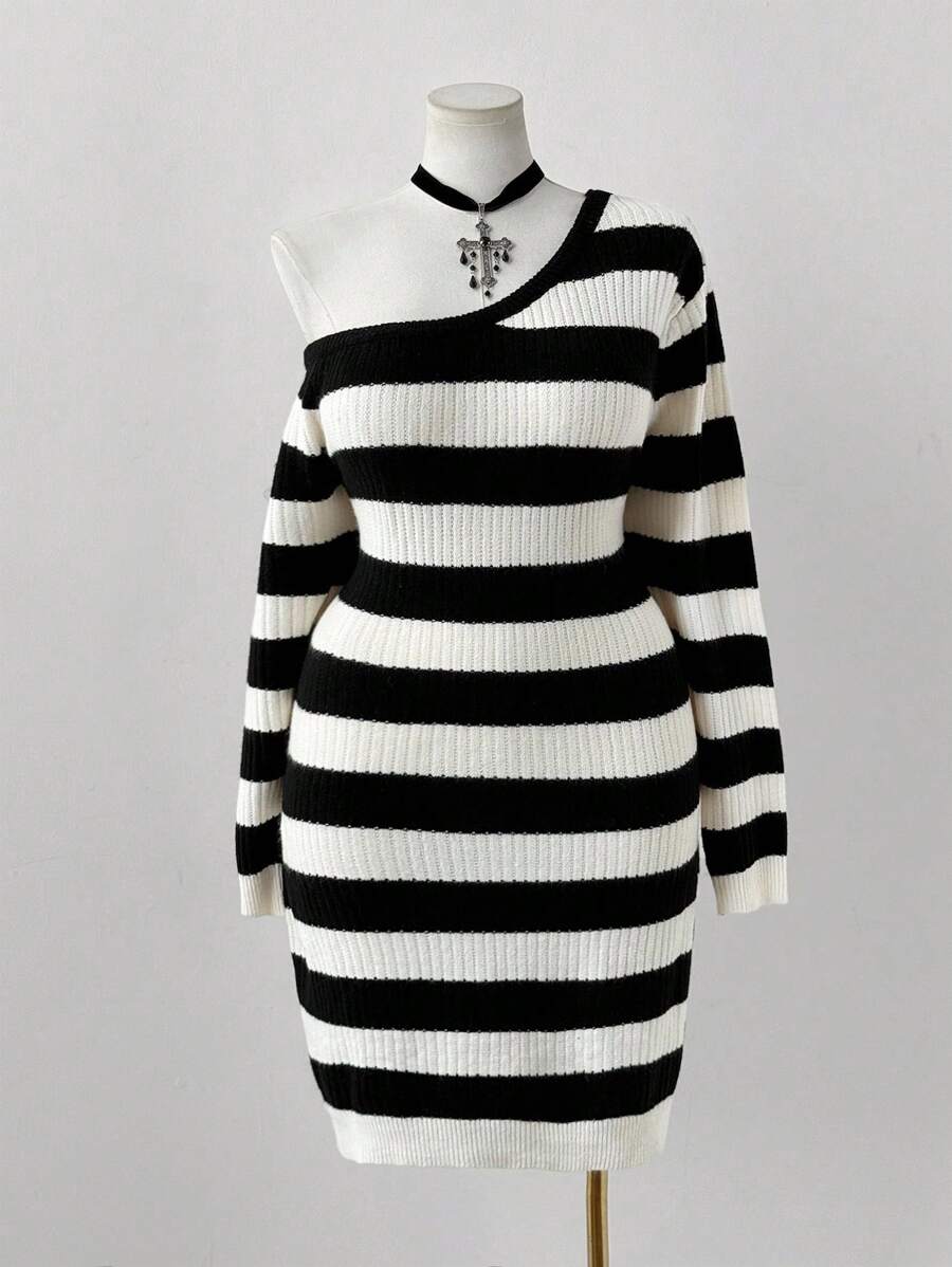 Sunspun New Comfortable Asymmetrical Neck Striped Long Sleeve Sweater Dress Fall Winter Cloth For Women Autumn