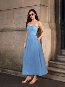Selenza Váy denim chui đầu xếp ly thời trang thường ngày có túi dành cho nữ - Rửa trung bình - Xem 7