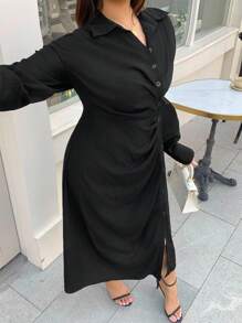 Dazy Plus Plus Size Women's Solid Color Lapel Oblique Placket Side Slit Long Sleeve Casual Mid-Length Dress - Black - View 1