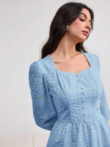 Modelyn 女式长款花卉刺绣泡泡袖方领优雅浪漫连衣裙，春夏 - 藍色 - 查看 4