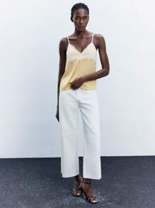 Maija Yellow Spaghetti Strap Cami With Lace Detail And Plant-Inspired Pattern,Fall Women Clothes,Halloween,Autumn, Christmas Women's Clothing  Christmas Pajamas Family