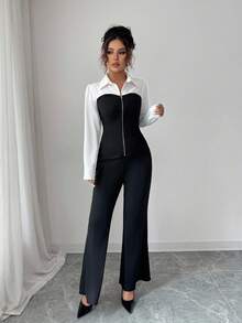 Elenzga Women's Business Casual Patchwork Shirt And Flare Pants 2 Pieces Set Fall Cloth For Women - Black - View 3