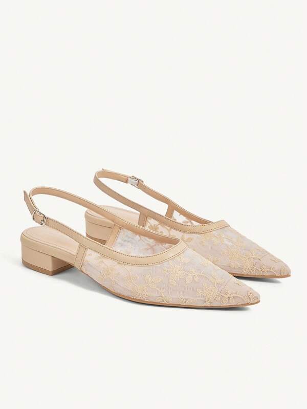 CUCCOO CHICEST Damen Spitze Zehen Slip-On Ballerinas, beige Mesh & Spitze, niedriger Blockabsatz, elegant & vielseitig, bequeme rückenfreie Loafer