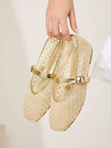 CUCCOO CHICEST 女士网眼圆头平底优雅休闲棕色网眼玛丽珍平底鞋，适合喝茶、约会、休闲装、校园风格、舞会 - 金色 - 查看 8