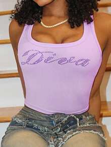 Steph T Women Y2K Rhinestone Letter Print Slim Crop Tank Top For Summer Graphic Tees Women Tops - Mauve Purple - View 3