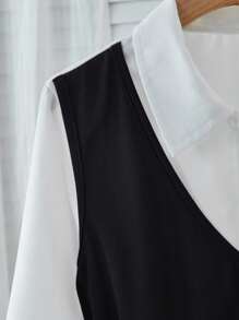 1 pieza Vestido de manga larga con cuello vuelto y diseño de capas, adecuado para uso diario, ir al trabajo y atuendos escolares - Negro - Ver 7