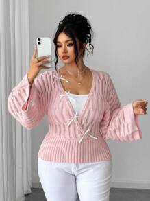 Elenzga 大码女式V领蝙蝠袖收腰针织毛衣，法式复古蝴蝶结设计休闲套头衫，秋冬款 - 粉色 - 查看 3