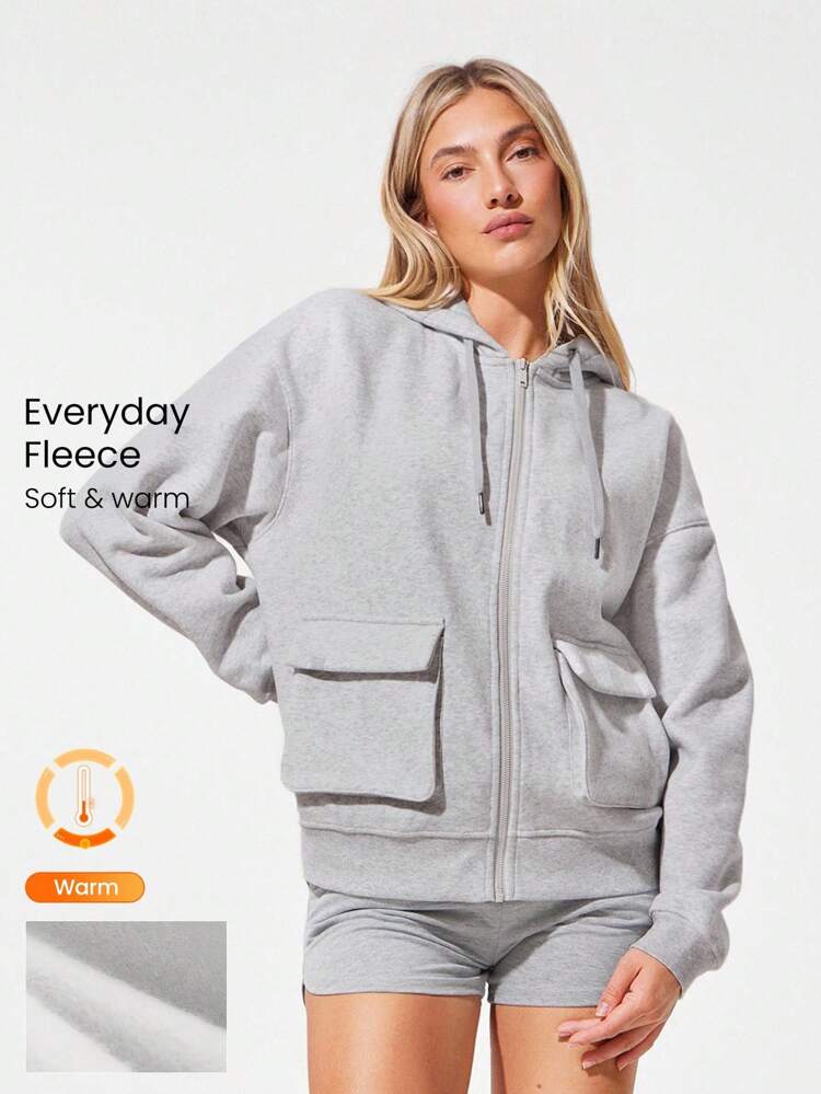 Everyday Fleece Cool Cargo Soft Lightweight Cozy Oversized Cargo Pockets Zip Hoodie Sweatshirt Daily Casual Fall Winter