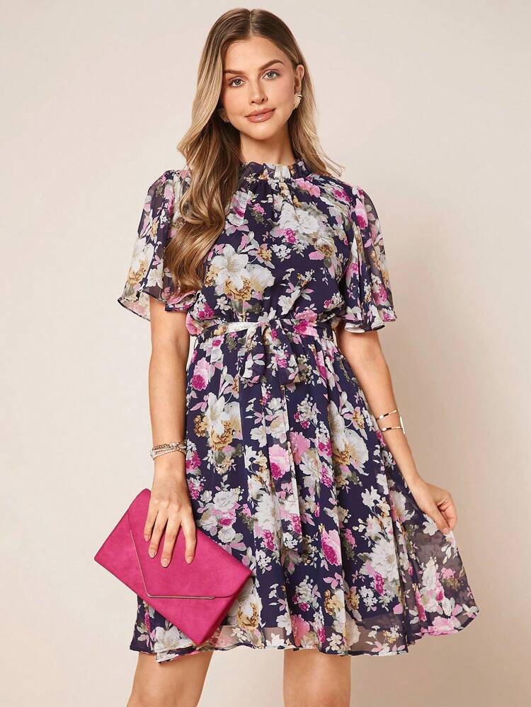 Floral Print Belted Chiffon Dress Fall/Winter Women Clothes Back To School Modest Vintage Old Money Teacher Outfits For Women Airportsummer Holiday Outfits Spring Break Outfits Spring/Summer Women's Wear. Women Vacation Dress Boho Dress Women Floral Summer Dress Summer Casual Dress Spanish Style