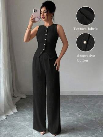 Elenzga Women's Elegant Commuter Style Solid Color Textured 2 Pieces Set -Sleeveless Round Neck Buttoned Fitted Camisole And High Waist Elastic Waist Loose Straight Leg Pants