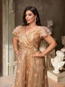 Aureia Plus Size Elegant Romantic Khaki Deep V Neck Ruffle Flutter Sleeve Luxury Sequins Patchwork A-Line Evening Gown, Formal Maxi Dress - Khaki - View 6