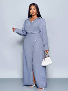 SOLERSUN Plus Size Women's Stripe Print Button-Up Front Shirt Dress, Asymmetric Hem, Dolman Sleeves, Slit A-Line Long Skirt,Wrap Shirt, Fall Clothing, Long Sleeves, Winter Clothing, Elegant, Daily Commute, Our Way Of Travel, Casual, Two Pieces Set