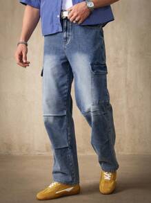 Manfinity Homme Men's Casual Washed Cargo Denim Jeans - Medium Wash - View 1