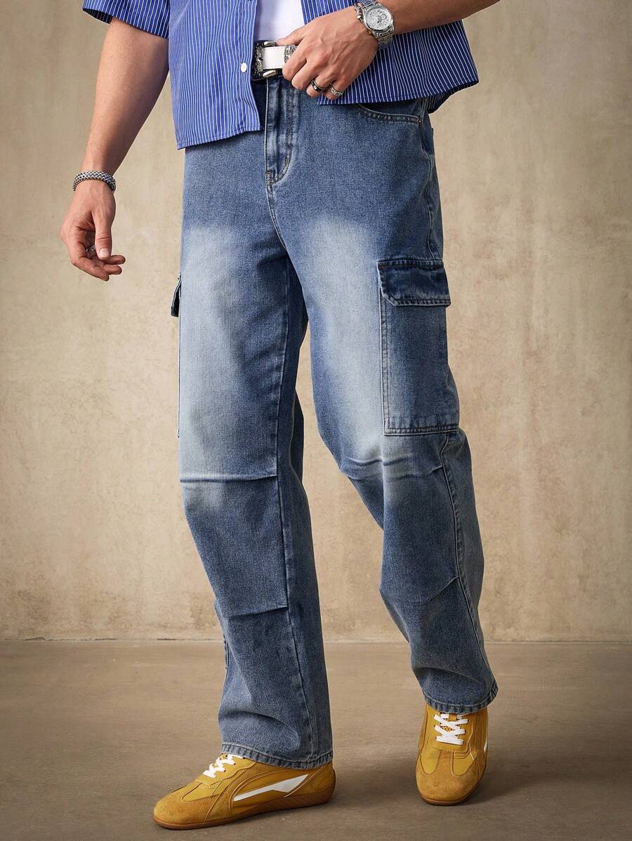 Manfinity Homme Men's Casual Washed Cargo Denim Jeans - Medium Wash - View 1