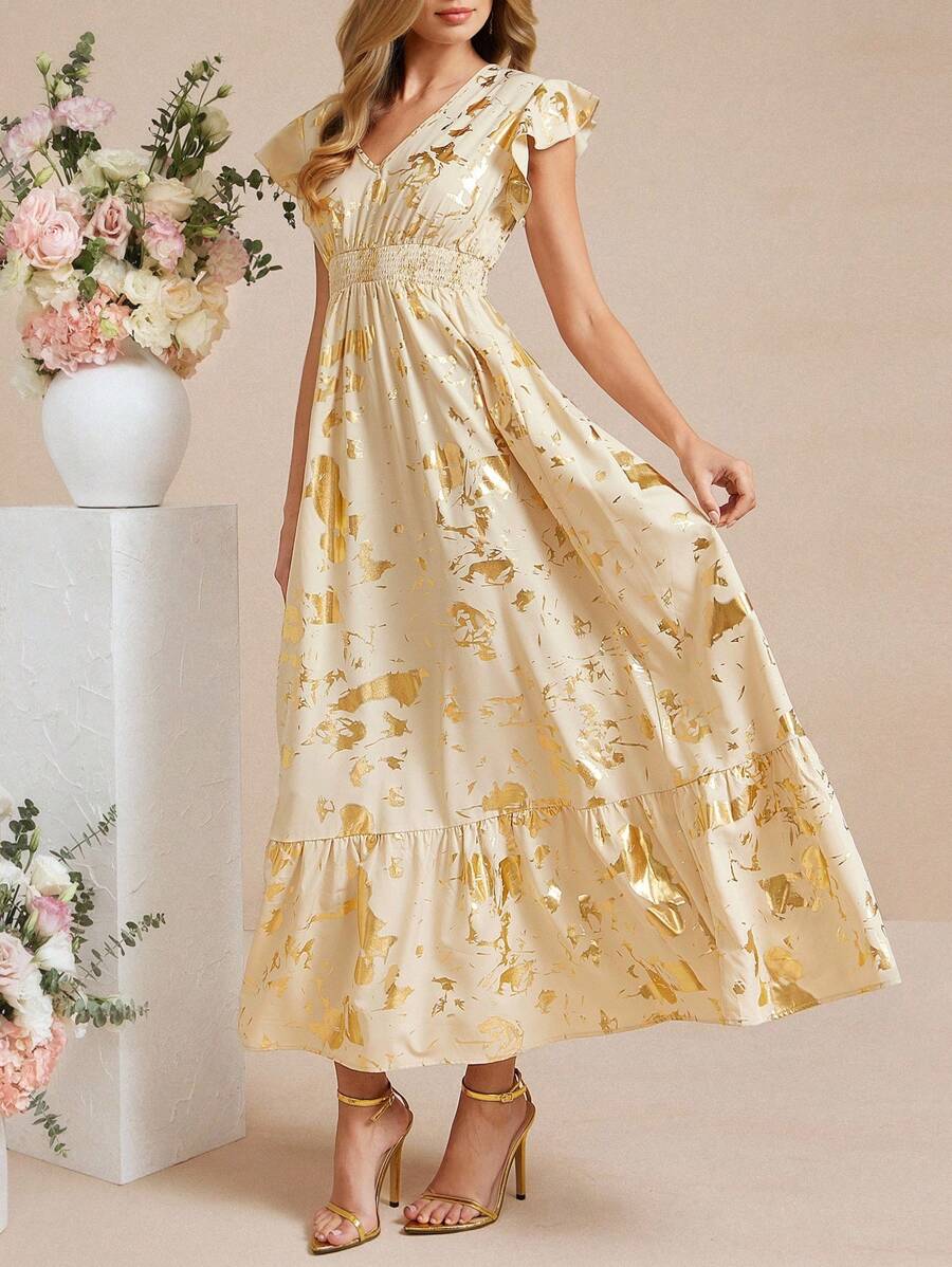 Amorya 女士优雅褶皱盖袖收腰连衣裙，适合日常下午茶聚会和多种场合，秋季 - 彩色 - 查看 1