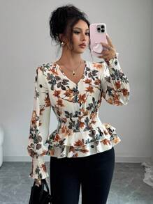 Elenzga بلوزة أنيقة رومانسية بأكمام فانوس مطوية وخصر مجمع وذيل مزدوج الكشكشة، مناسبة للعمل والعطلات، خريفية