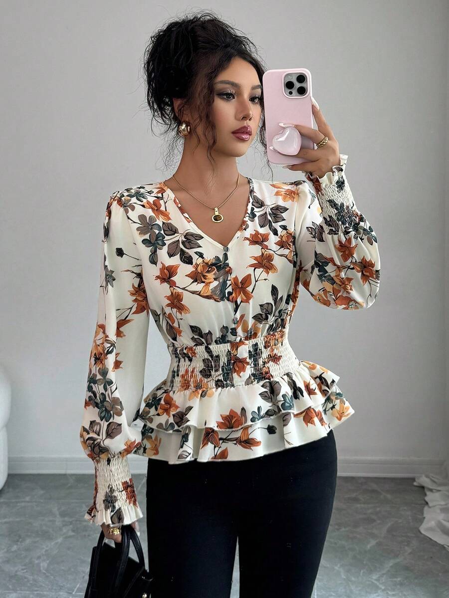 Elenzga بلوزة أنيقة رومانسية بأكمام فانوس مطوية وخصر مجمع وذيل مزدوج الكشكشة، مناسبة للعمل والعطلات، خريفية