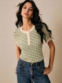 Poéselle Women's Casual Striped Short Sleeve Knit Top, Summer - Green - View 5