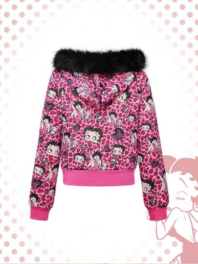 Betty Boop | ROMWE Vintage Y2K Rhinestone Leopard Print Cartoon Figure Graphic Zip-Up Women Hoodie