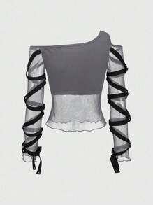 ROMWE Grunge Punk 朋克摇滚铆钉网眼镂空肩部女式 T 恤，音乐节，夏季