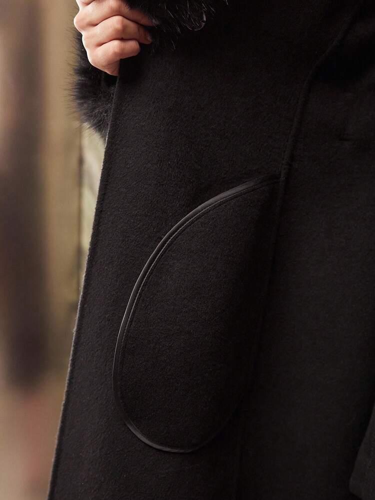 CHIC DETACHABLE FUR COLLAR BELTED DOUBLE-FACED WOOL COAT, AUTUMN/WINTER