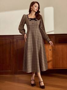 Vintamour Váy cổ điển thanh lịch dành cho nữ, váy cổ vuông viền tương phản ôm sát mùa xuân/hè, váy cài nút nơ, váy xòe tay dài, váy kẻ caro màu cà phê - Cà phê - Xem 4