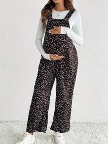 SHEIN Ropa de otoño, ropa de otoño, ropa de otoño para embarazadas, mono informal con diseño de botones con estampado floral y tirantes para mujeres embarazadas, peto de maternidad, monos de maternidad para mujeres, peto de maternidad con estampado floral, ropa de maternidad, ropa de embarazo, mono de maternidad con estampado floral