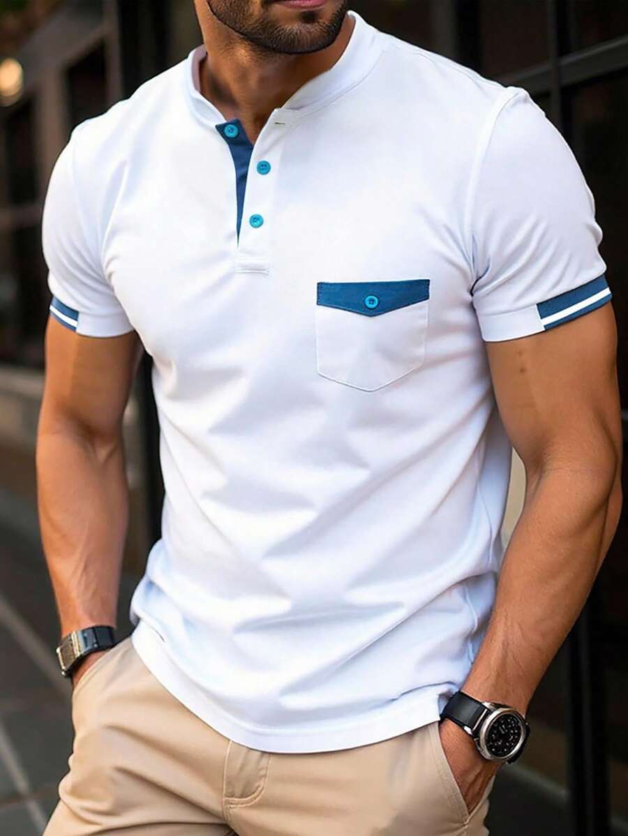 NEOREFINED 男士對比色短袖休閒通勤 Polo 衫，正式款 - 白色 - 查看 1