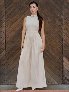 Andrea Bello Extreme Wide Leg Zip Front Sleeveless Jumpsuit