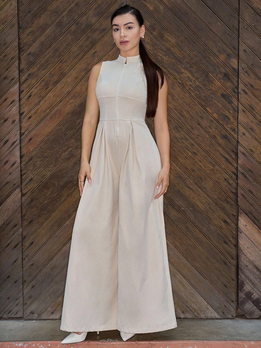 Andrea Bello Extreme Wide Leg Zip Front Sleeveless Jumpsuit