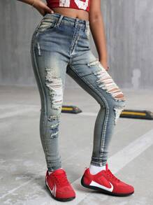 适合青少年女孩的破洞牛仔紧身牛仔裤 复古蓝色 - 中等水洗藍 - 查看 5